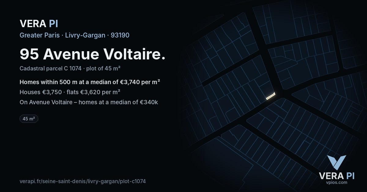 95 Avenue Voltaire, Livry-Gargan at night – the plot lit, the parcels around coloured by the prices near them
