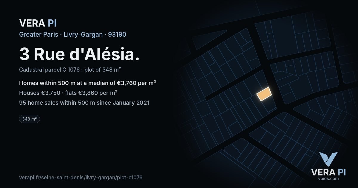 3 Rue d'Alésia, Livry-Gargan at night – the plot lit, the parcels around coloured by the prices near them