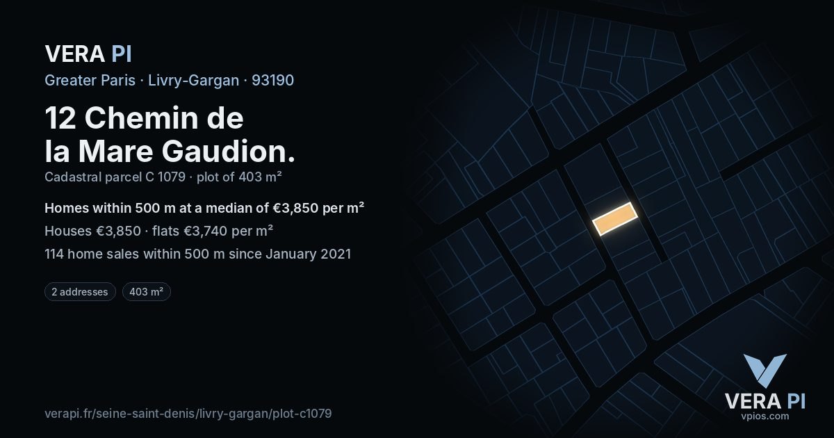 12 Chemin de la Mare Gaudion, Livry-Gargan at night – the plot lit, the parcels around coloured by the prices near them