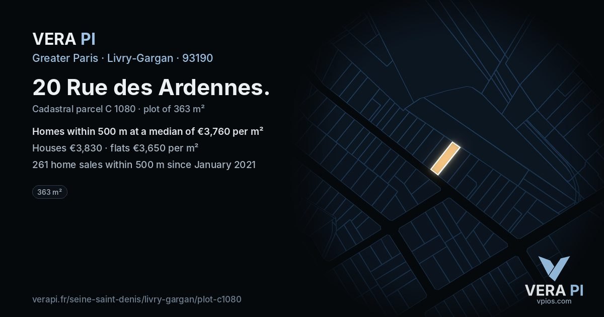 20 Rue des Ardennes, Livry-Gargan at night – the plot lit, the parcels around coloured by the prices near them