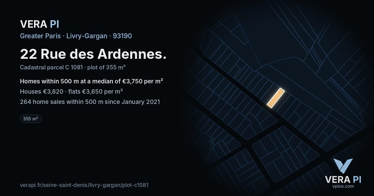 22 Rue des Ardennes, Livry-Gargan at night – the plot lit, the parcels around coloured by the prices near them