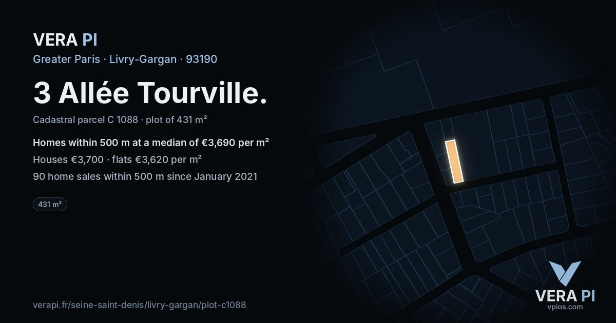 3 Allée Tourville, Livry-Gargan at night – the plot lit, the parcels around coloured by the prices near them
