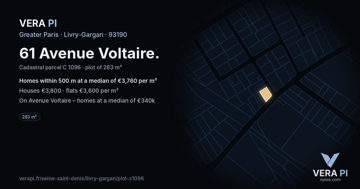 61 Avenue Voltaire, Livry-Gargan at night – the plot lit, the parcels around coloured by the prices near them