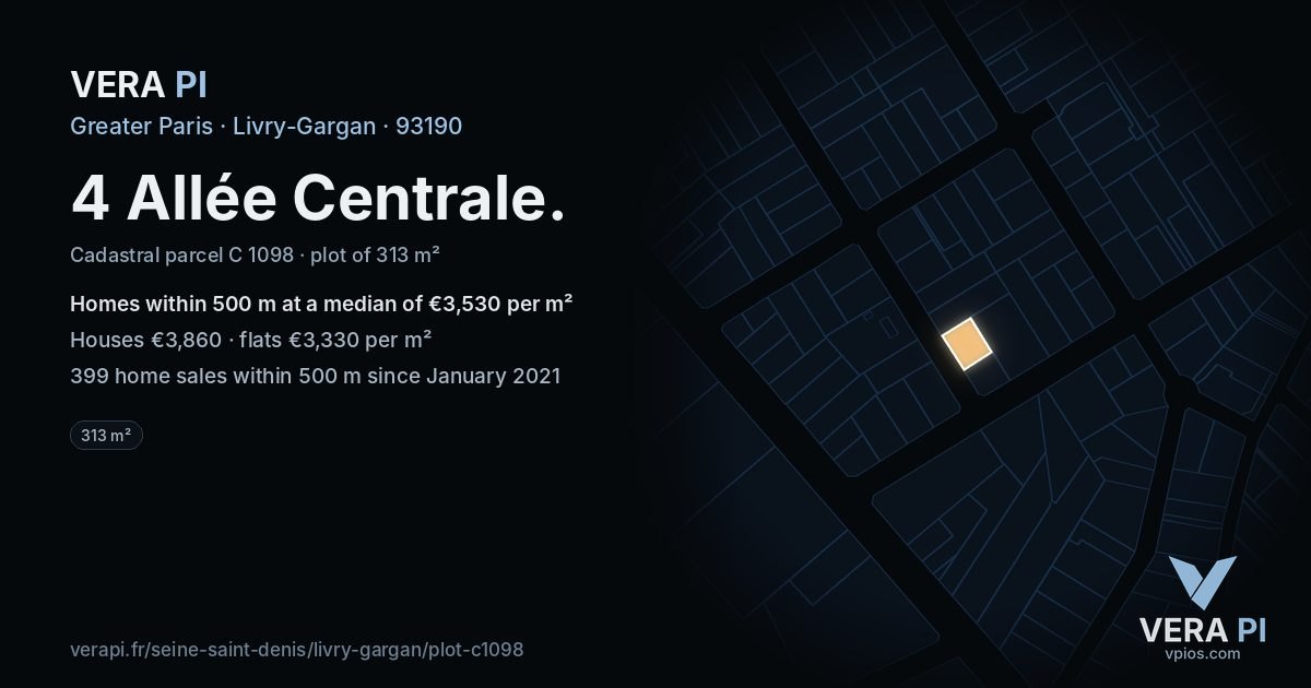 4 Allée Centrale, Livry-Gargan at night – the plot lit, the parcels around coloured by the prices near them