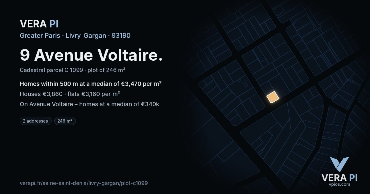 9 Avenue Voltaire, Livry-Gargan at night – the plot lit, the parcels around coloured by the prices near them