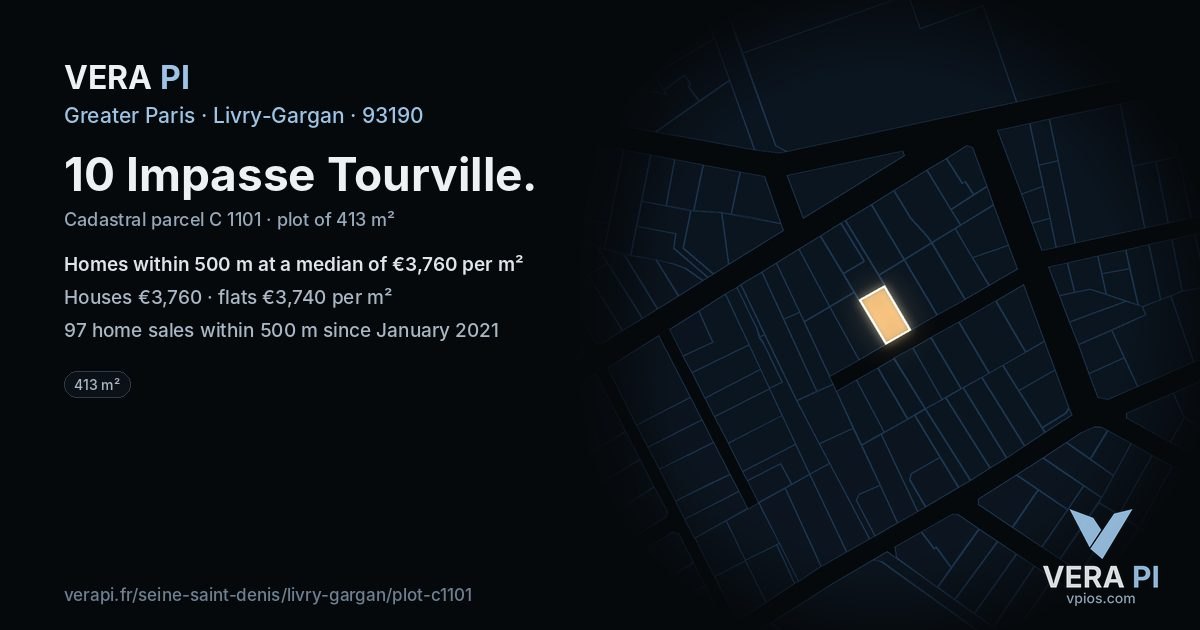 10 Impasse Tourville, Livry-Gargan at night – the plot lit, the parcels around coloured by the prices near them
