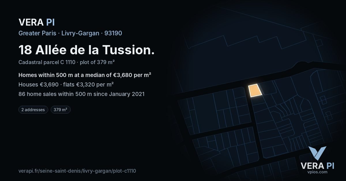 18 Allée de la Tussion, Livry-Gargan at night – the plot lit, the parcels around coloured by the prices near them