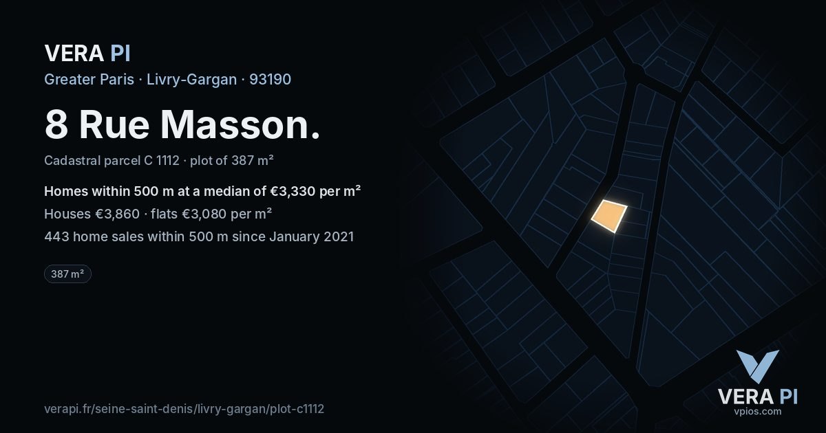 8 Rue Masson, Livry-Gargan at night – the plot lit, the parcels around coloured by the prices near them