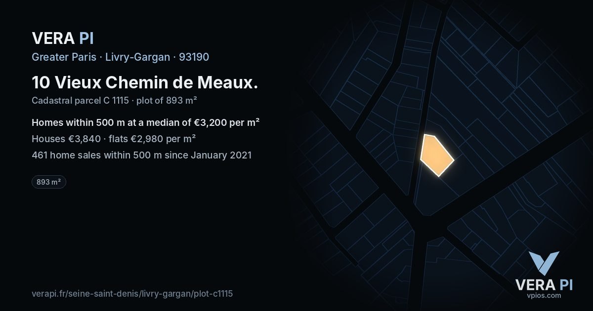 10 Vieux Chemin de Meaux, Livry-Gargan at night – the plot lit, the parcels around coloured by the prices near them