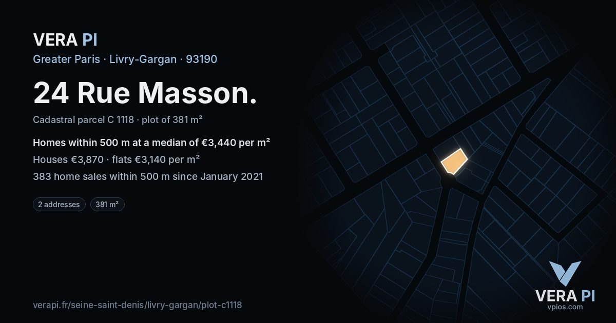 24 Rue Masson, Livry-Gargan at night – the plot lit, the parcels around coloured by the prices near them