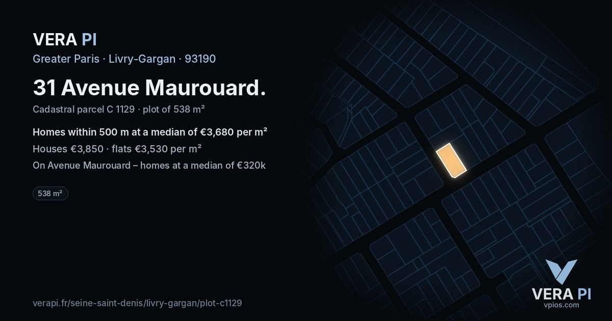 31 Avenue Maurouard, Livry-Gargan at night – the plot lit, the parcels around coloured by the prices near them