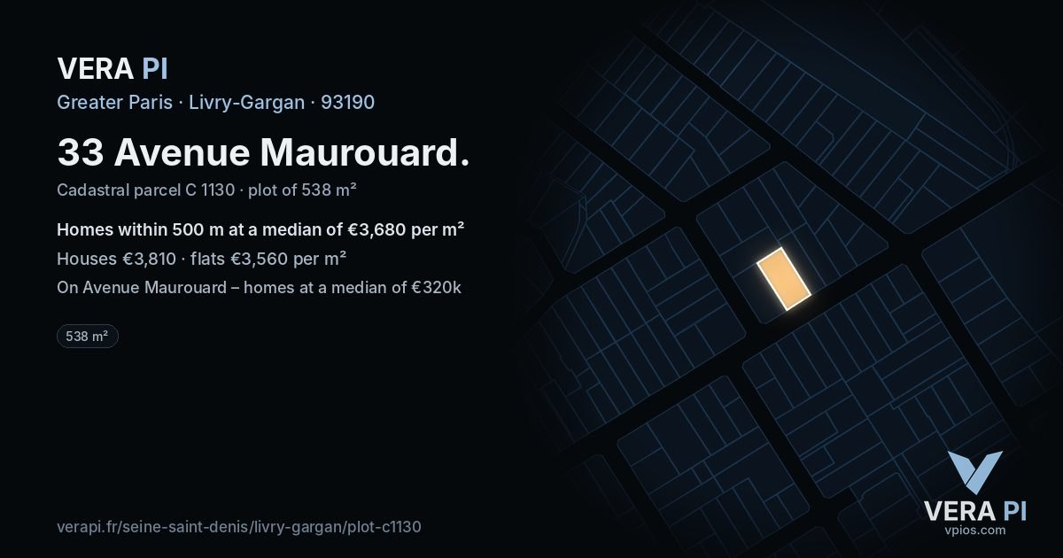 33 Avenue Maurouard, Livry-Gargan at night – the plot lit, the parcels around coloured by the prices near them