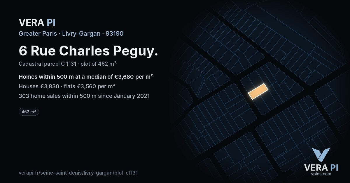 6 Rue Charles Peguy, Livry-Gargan at night – the plot lit, the parcels around coloured by the prices near them