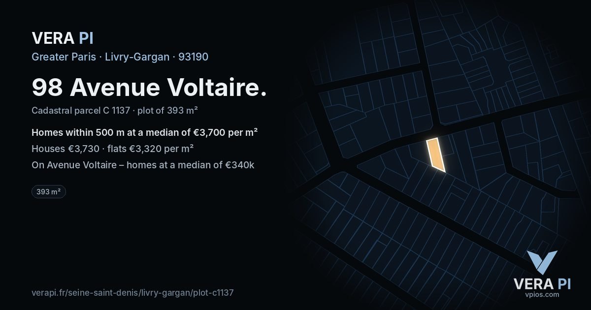 98 Avenue Voltaire, Livry-Gargan at night – the plot lit, the parcels around coloured by the prices near them
