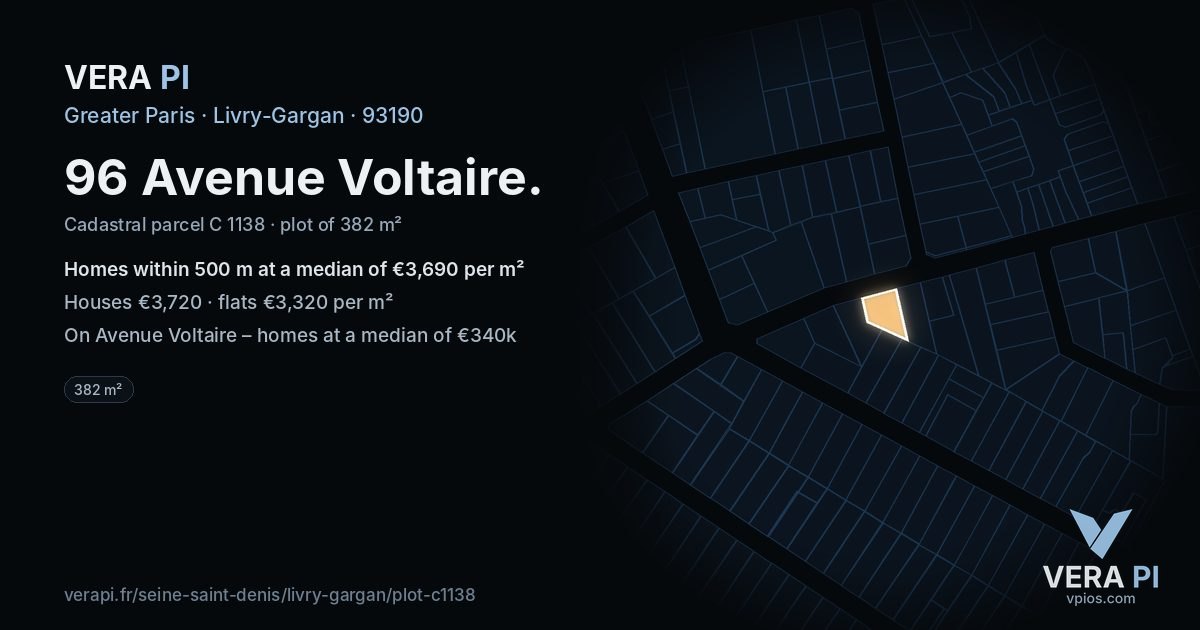 96 Avenue Voltaire, Livry-Gargan at night – the plot lit, the parcels around coloured by the prices near them