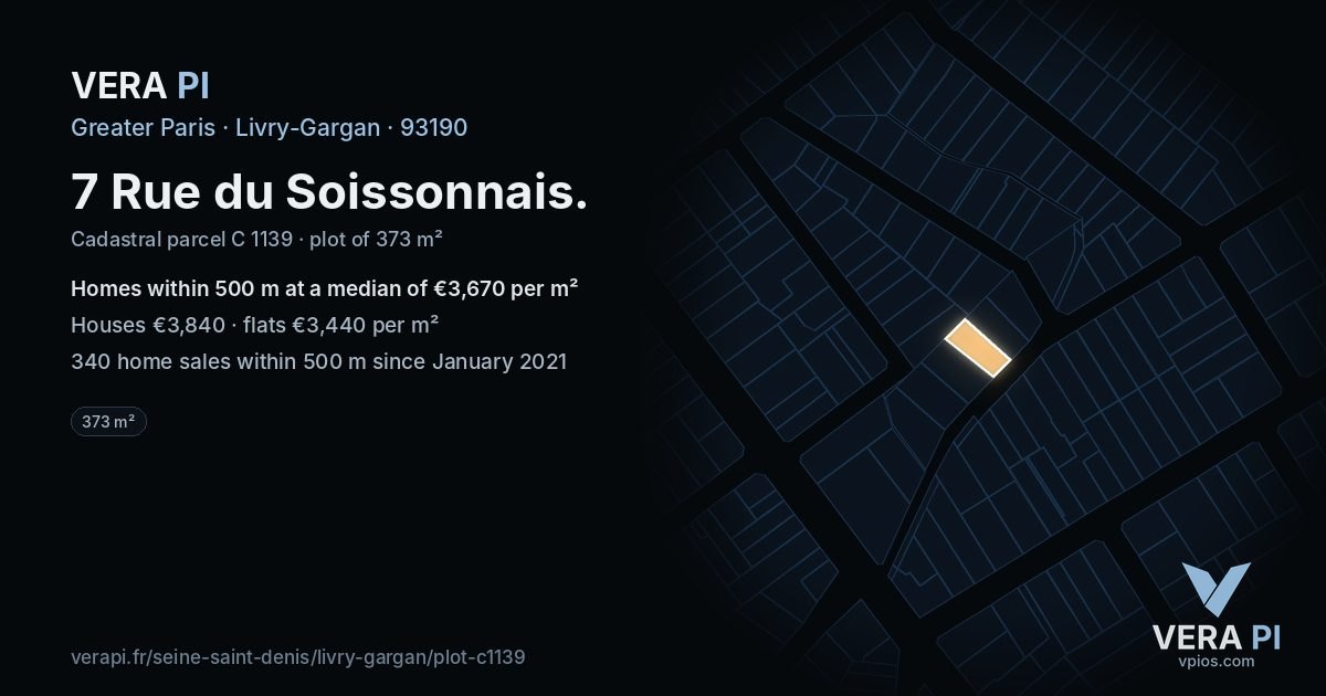 7 Rue du Soissonnais, Livry-Gargan at night – the plot lit, the parcels around coloured by the prices near them