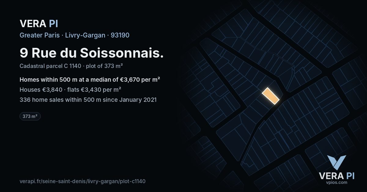 9 Rue du Soissonnais, Livry-Gargan at night – the plot lit, the parcels around coloured by the prices near them