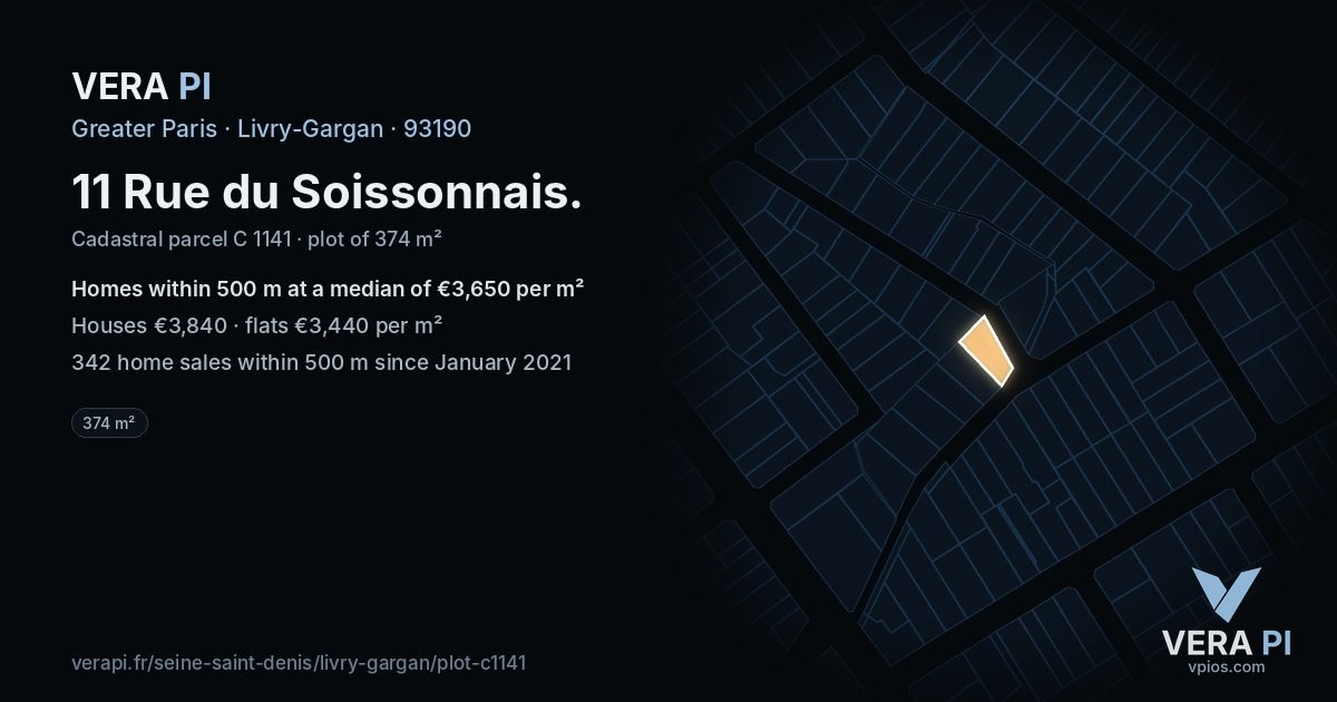 11 Rue du Soissonnais, Livry-Gargan at night – the plot lit, the parcels around coloured by the prices near them