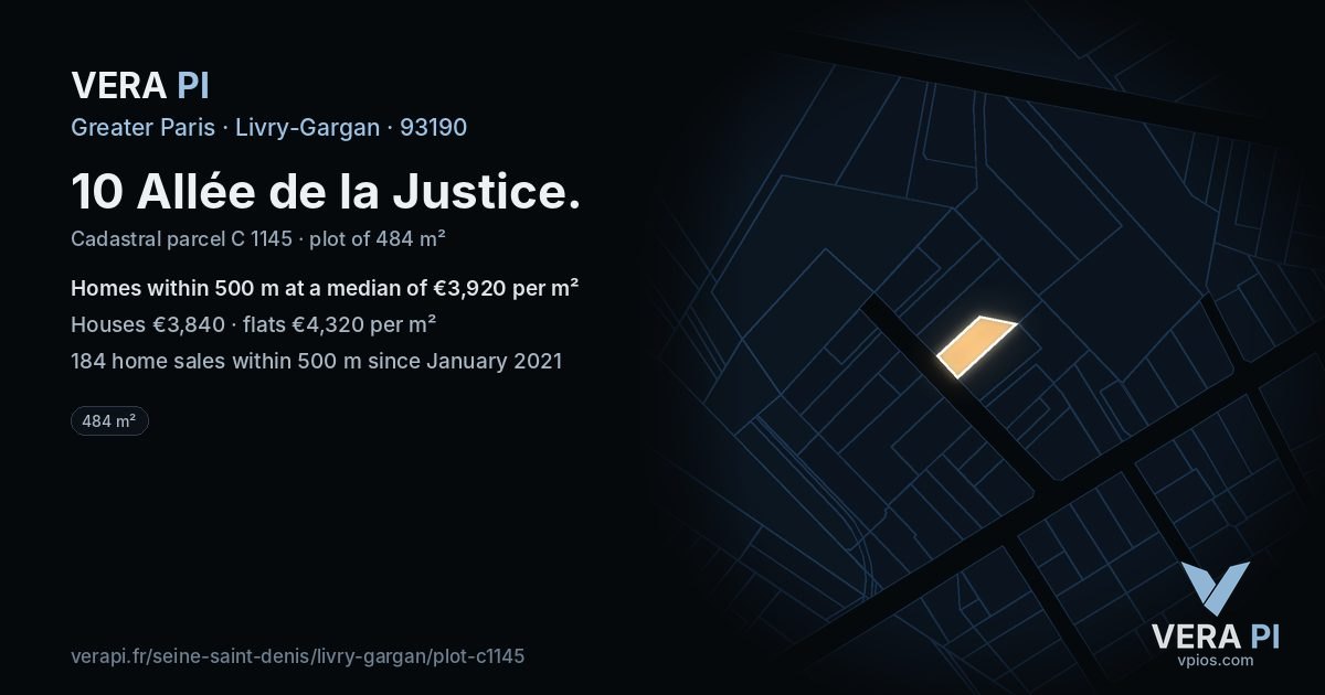 10 Allée de la Justice, Livry-Gargan at night – the plot lit, the parcels around coloured by the prices near them