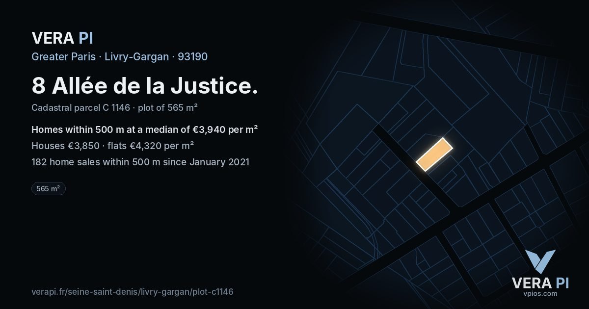 8 Allée de la Justice, Livry-Gargan at night – the plot lit, the parcels around coloured by the prices near them