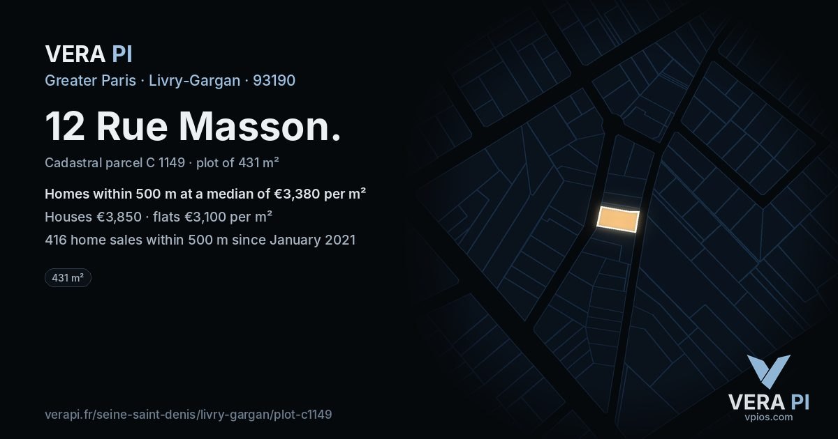 12 Rue Masson, Livry-Gargan at night – the plot lit, the parcels around coloured by the prices near them