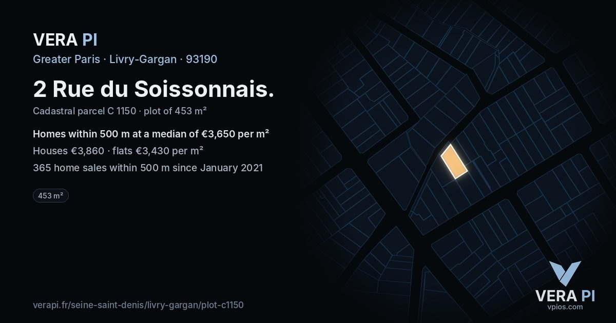 2 Rue du Soissonnais, Livry-Gargan at night – the plot lit, the parcels around coloured by the prices near them