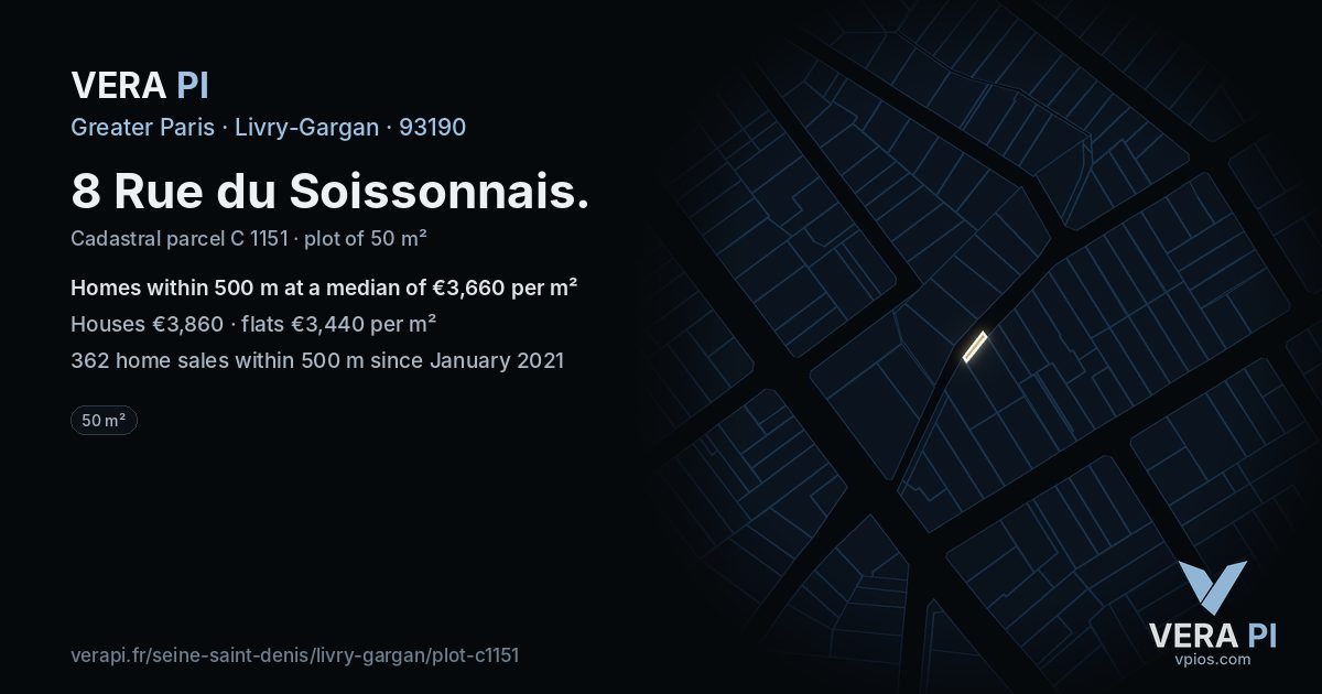 8 Rue du Soissonnais, Livry-Gargan at night – the plot lit, the parcels around coloured by the prices near them