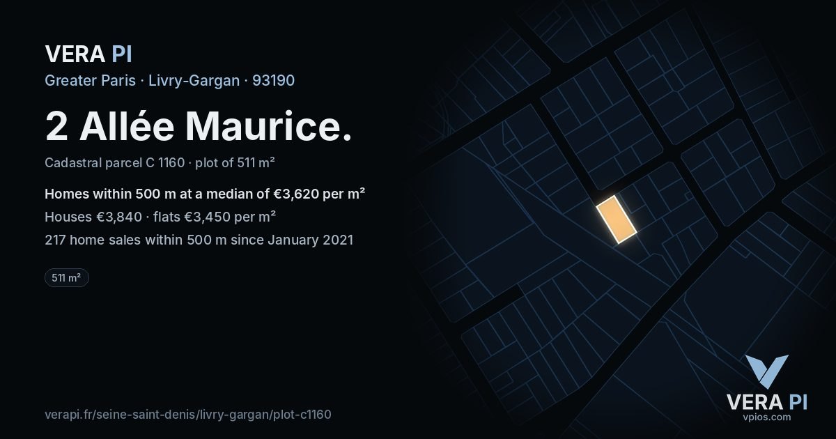 2 Allée Maurice, Livry-Gargan at night – the plot lit, the parcels around coloured by the prices near them