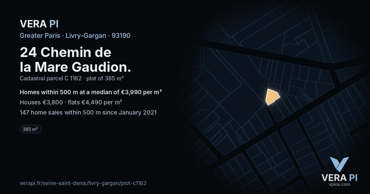 24 Chemin de la Mare Gaudion, Livry-Gargan at night – the plot lit, the parcels around coloured by the prices near them