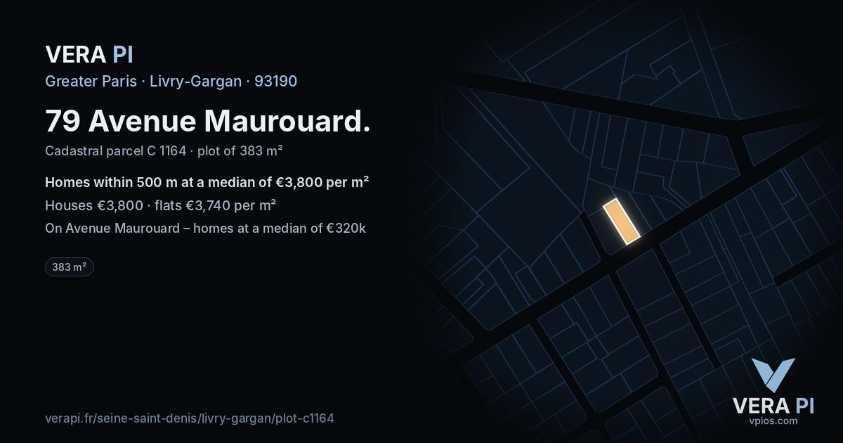 79 Avenue Maurouard, Livry-Gargan at night – the plot lit, the parcels around coloured by the prices near them