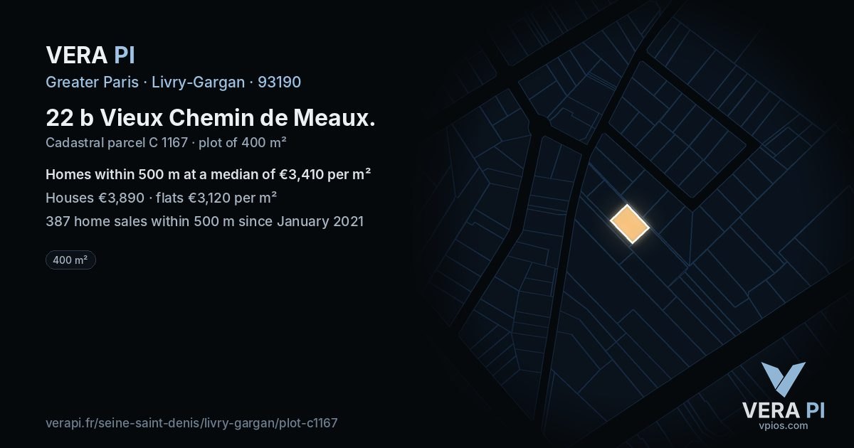 22 b Vieux Chemin de Meaux, Livry-Gargan at night – the plot lit, the parcels around coloured by the prices near them