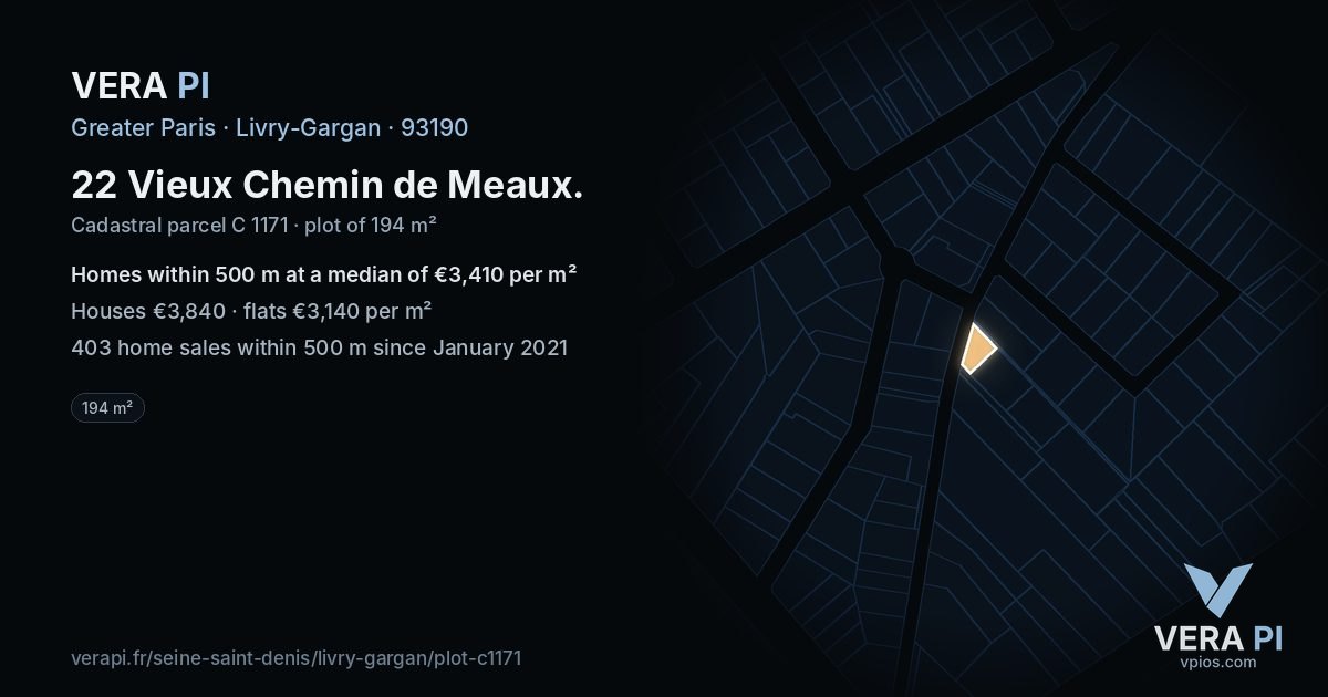 22 Vieux Chemin de Meaux, Livry-Gargan at night – the plot lit, the parcels around coloured by the prices near them