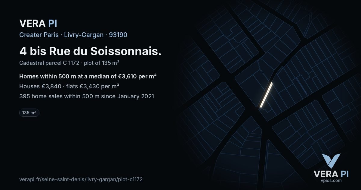 4 bis Rue du Soissonnais, Livry-Gargan at night – the plot lit, the parcels around coloured by the prices near them