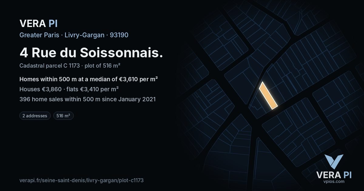 4 Rue du Soissonnais, Livry-Gargan at night – the plot lit, the parcels around coloured by the prices near them