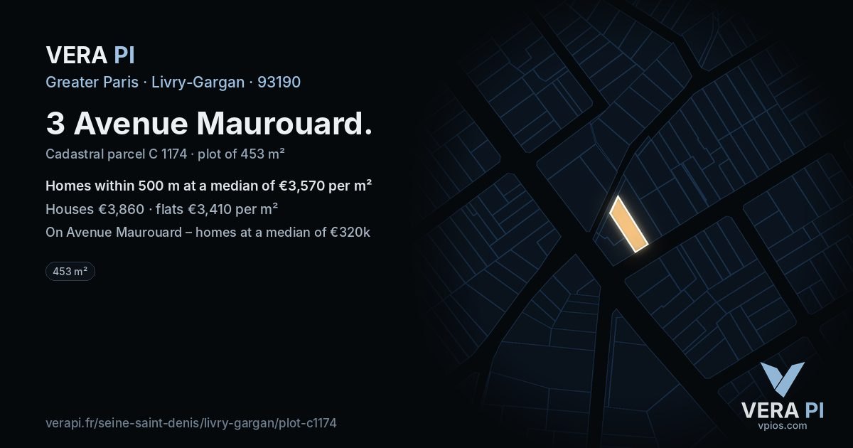 3 Avenue Maurouard, Livry-Gargan at night – the plot lit, the parcels around coloured by the prices near them