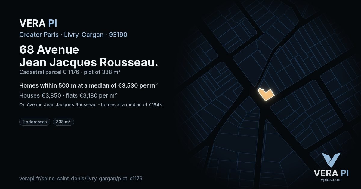 68 Avenue Jean Jacques Rousseau, Livry-Gargan at night – the plot lit, the parcels around coloured by the prices near them