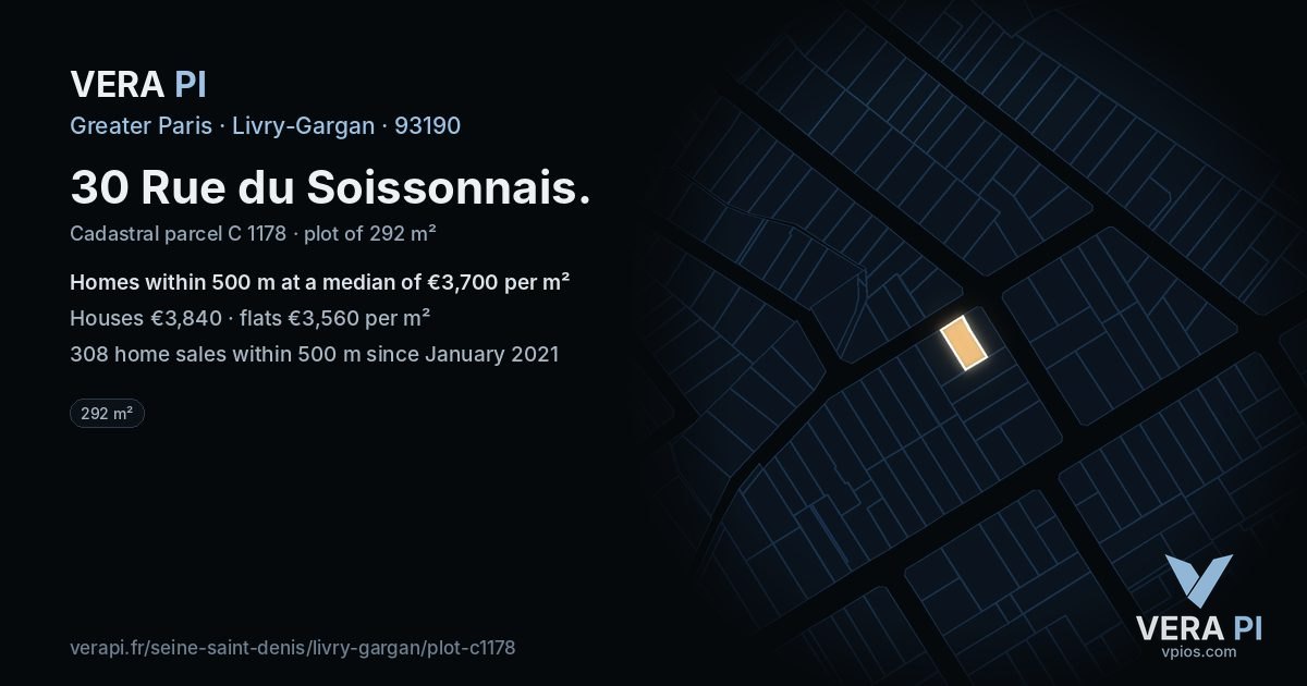 30 Rue du Soissonnais, Livry-Gargan at night – the plot lit, the parcels around coloured by the prices near them