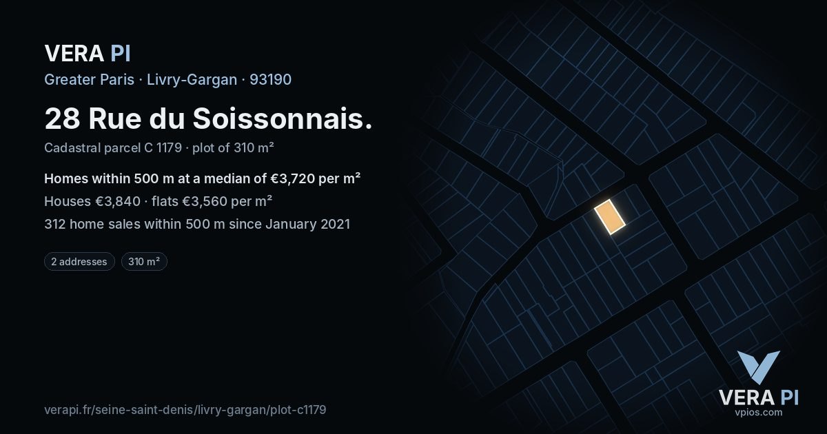 28 Rue du Soissonnais, Livry-Gargan at night – the plot lit, the parcels around coloured by the prices near them