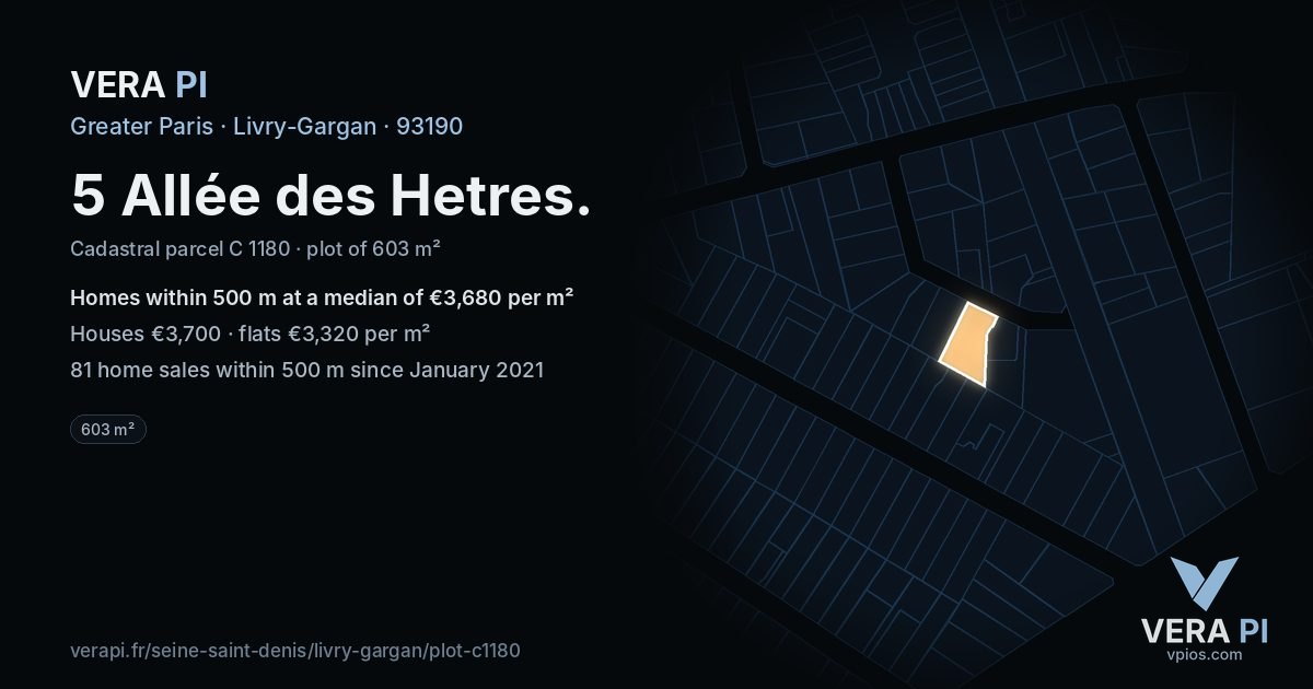 5 Allée des Hetres, Livry-Gargan at night – the plot lit, the parcels around coloured by the prices near them