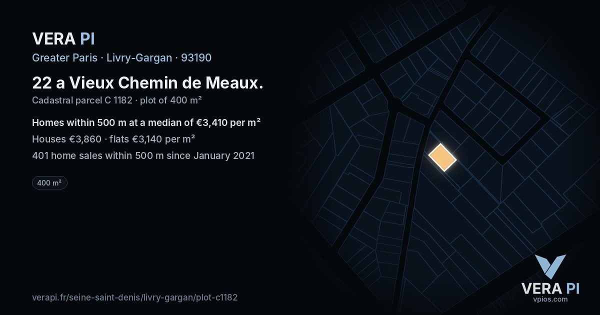 22 a Vieux Chemin de Meaux, Livry-Gargan at night – the plot lit, the parcels around coloured by the prices near them