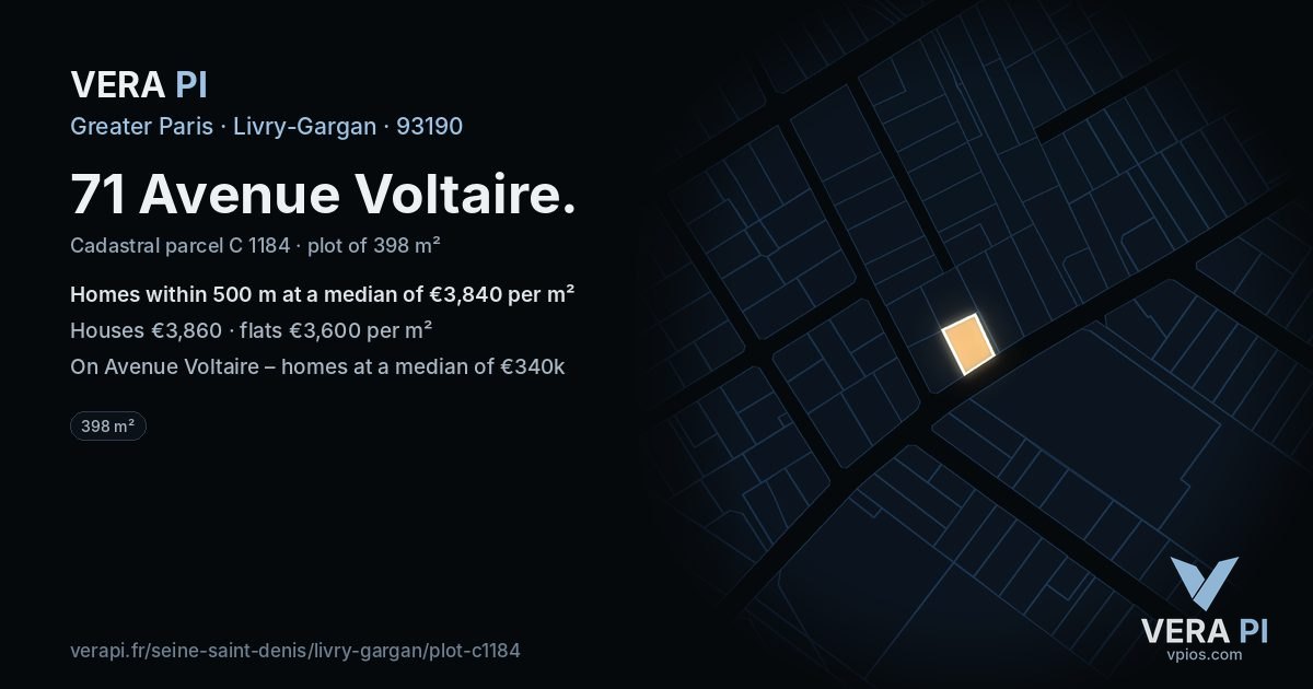 71 Avenue Voltaire, Livry-Gargan at night – the plot lit, the parcels around coloured by the prices near them