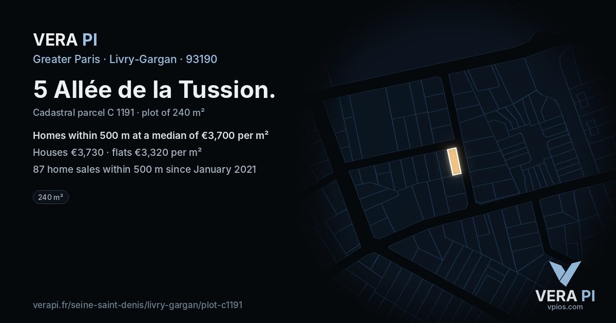 5 Allée de la Tussion, Livry-Gargan at night – the plot lit, the parcels around coloured by the prices near them