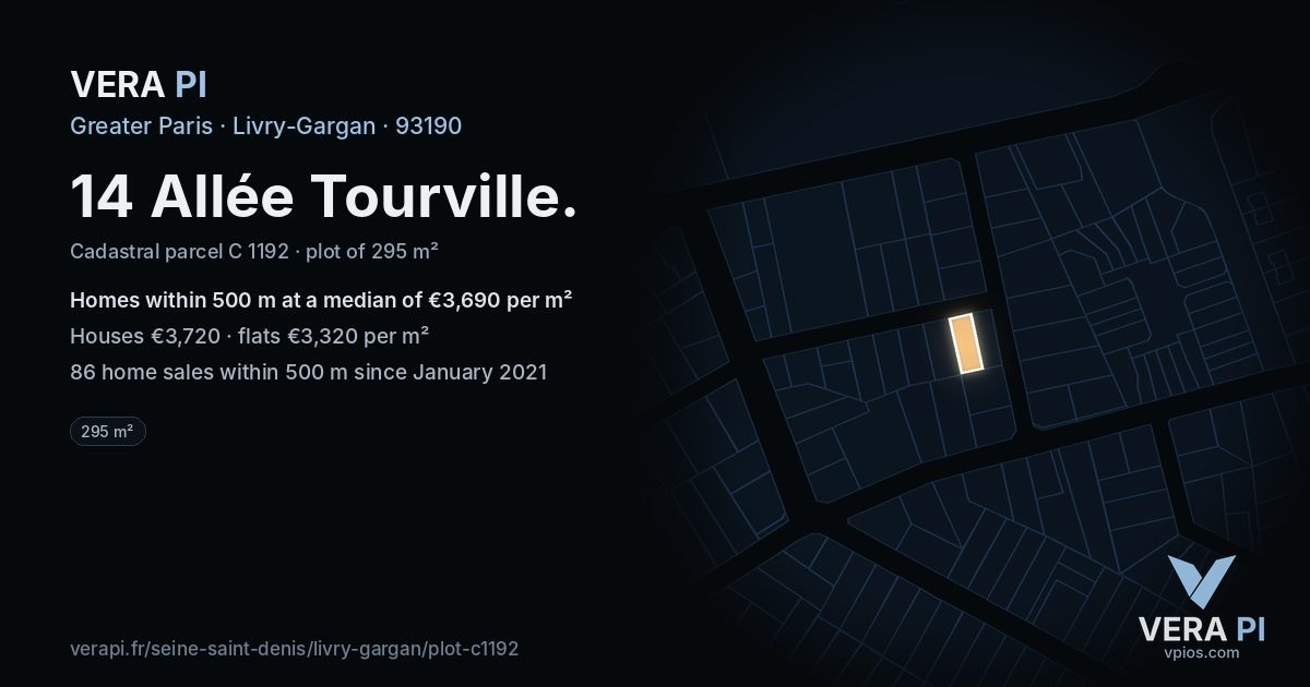 14 Allée Tourville, Livry-Gargan at night – the plot lit, the parcels around coloured by the prices near them