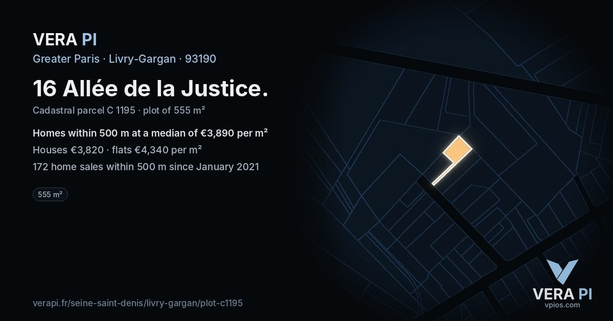 16 Allée de la Justice, Livry-Gargan at night – the plot lit, the parcels around coloured by the prices near them