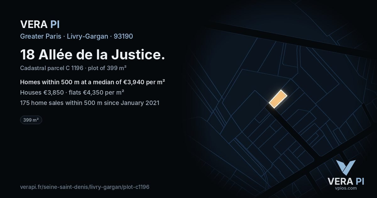 18 Allée de la Justice, Livry-Gargan at night – the plot lit, the parcels around coloured by the prices near them