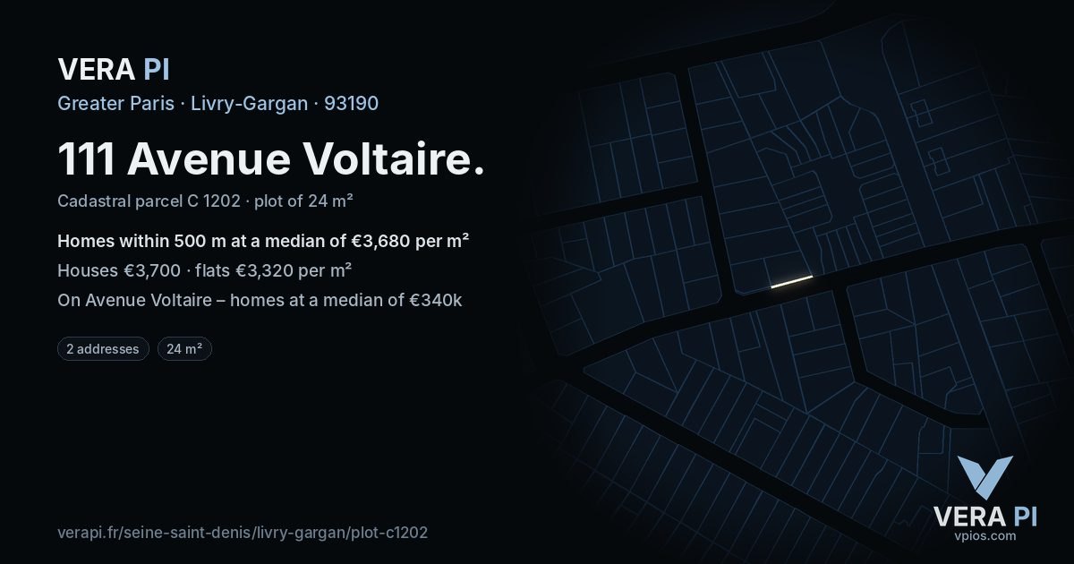 111 Avenue Voltaire, Livry-Gargan at night – the plot lit, the parcels around coloured by the prices near them