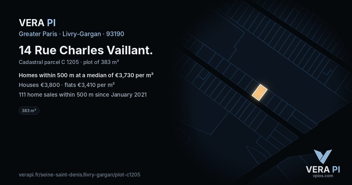 14 Rue Charles Vaillant, Livry-Gargan at night – the plot lit, the parcels around coloured by the prices near them