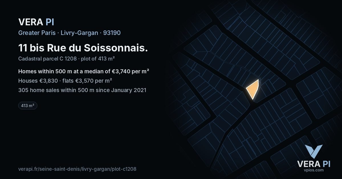 11 bis Rue du Soissonnais, Livry-Gargan at night – the plot lit, the parcels around coloured by the prices near them