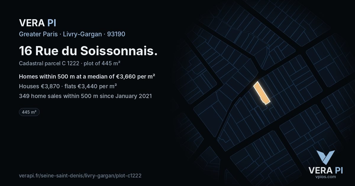 16 Rue du Soissonnais, Livry-Gargan at night – the plot lit, the parcels around coloured by the prices near them
