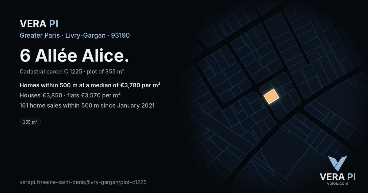6 Allée Alice, Livry-Gargan at night – the plot lit, the parcels around coloured by the prices near them